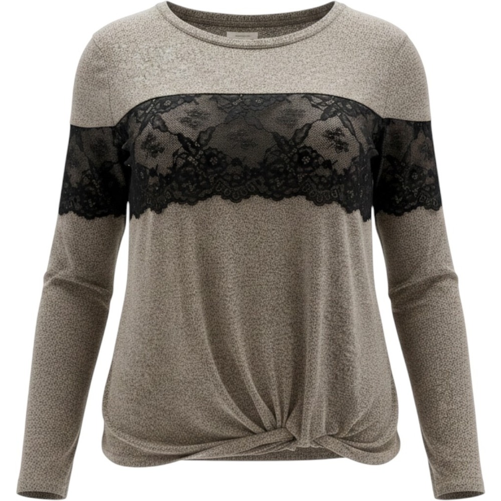 Maurices Womens XL Gray Marled Lace Inset Knot Front LongSleeve Top Heather Gray